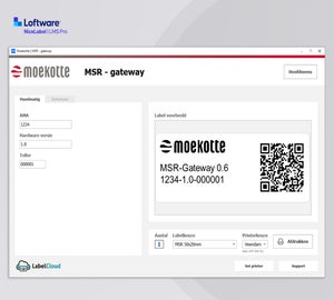 NiceLabel 10 LMS Pro applicatie voor het printen van MSR-gateway labels met QR-code en serienummer